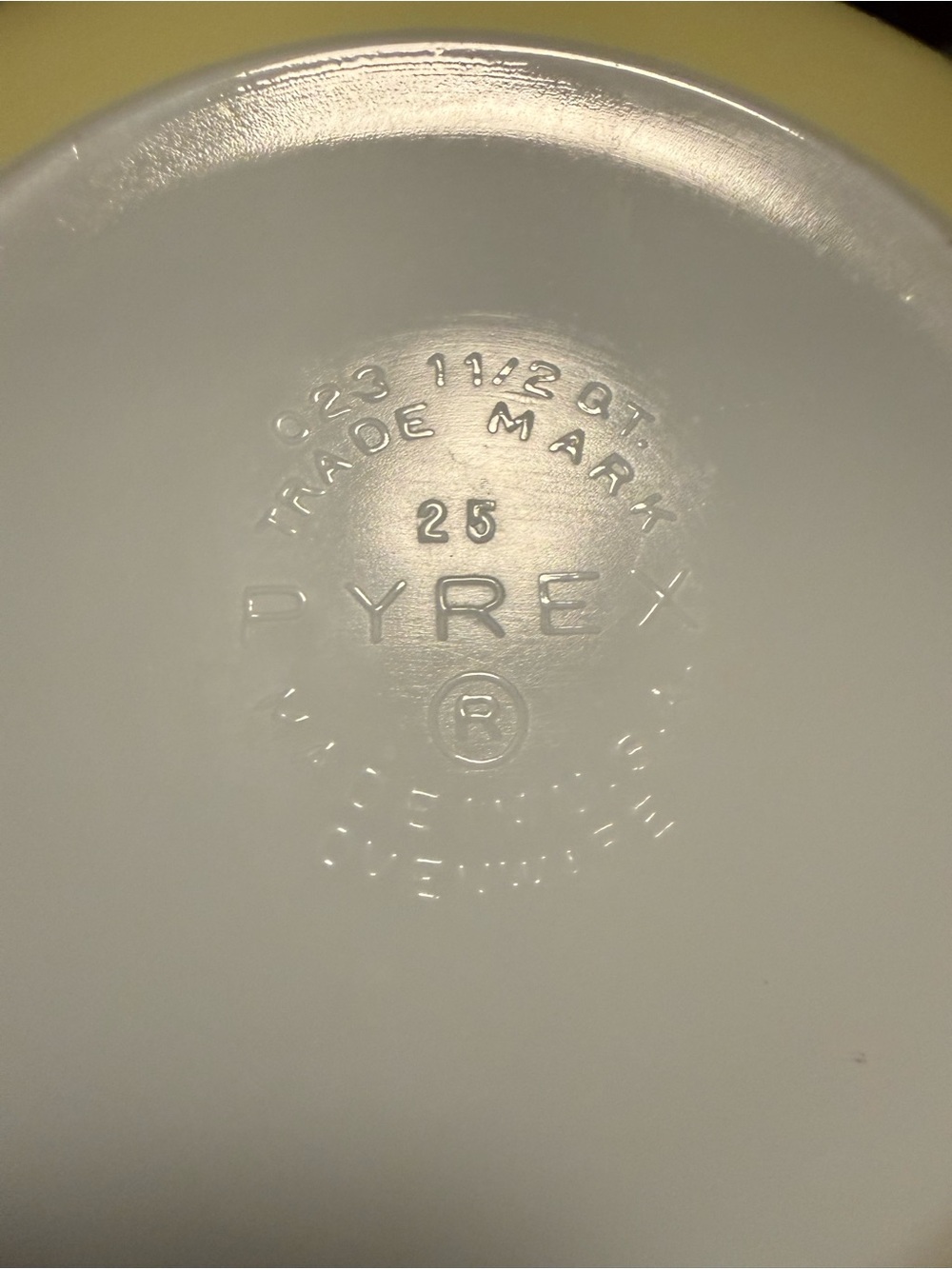 Pyrex White Milk Glass Bowl with Stamped Base (Yellow) white inside.